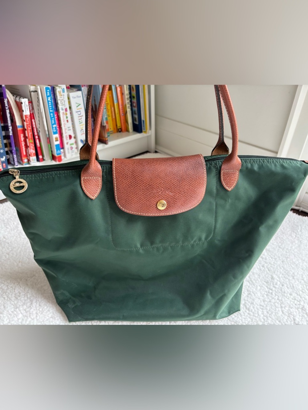 SOLD - Longchamp Le Pliage Medium Nylon Shoulder Tote in Dark Green Brown Trim